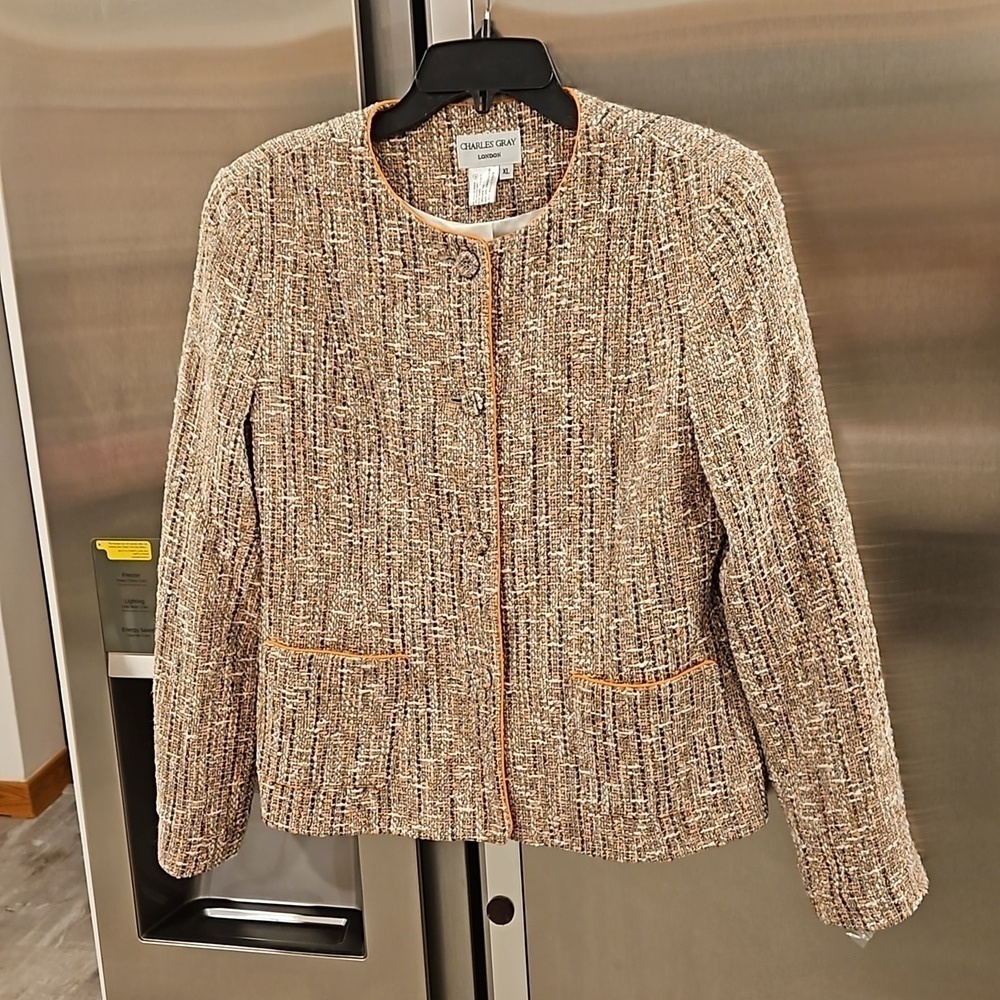 💕 CHARLES GRAY💕 Two Pocket Fitted Collarless Button Front Tweed Jacket XL NWT